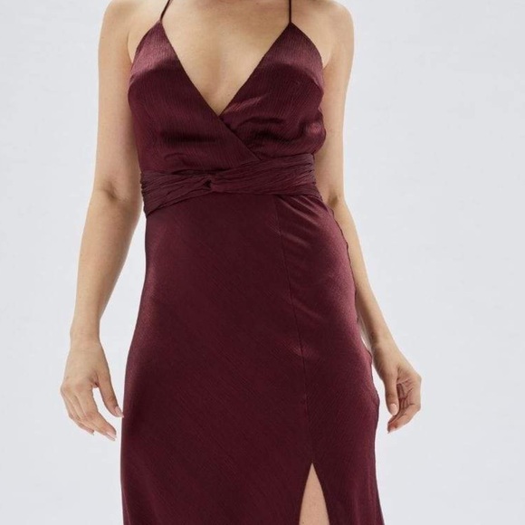 MINKPINK Nador Wrap Bias Cut Midi Dress in Wine - Picture 2 of 5